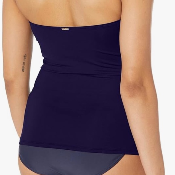 ANNE COLE Navy Blue Twist Front strapless Shirred Bandeau Tankini Swim Top NWT - Picture 7 of 8